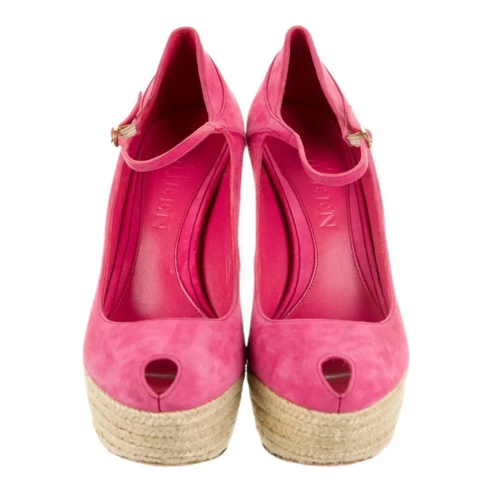 ALEXANDER MCQUEEN Suede Peeptoe Platform Ankle Wrap Jute Curved Heel Platforms